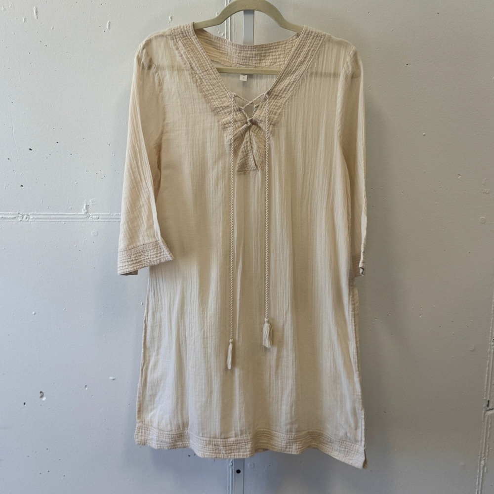 Garnet Hill Organic Cotton Gauze Lace Up Tunic Dress Ivory Cream Medium Neutral
